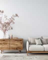 Apartment interiors with boho touches, minimal furniture and window lighting. Residential Real Estate mockup composition with copy space.