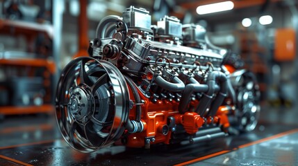 Fototapeta premium Detailed 3D rendering of a car internal combustion engine including power, ignition, cooling, lubrication and exhaust systems, crank and gas distribution mechanism.