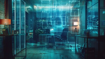 Futuristic Office with Digital Interface Overlay