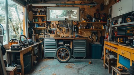Interior of spacious, bright and clean garage workshop for DIY works and repairs. Workbenches, tools and technical equipment. Bikes, motorcycles and cars repair and tuning.