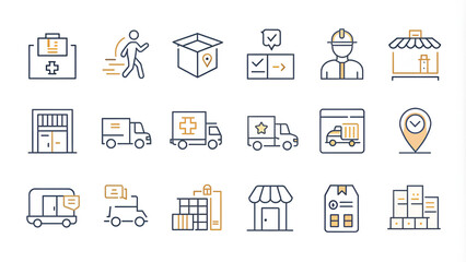 Set of Delivery Related Vector Line Icons. Contains such Icons as Door to Door Delivery, Express Shipping, Supply and more. Editable Stroke.