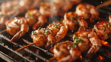 A close-up of marinated shrimp skewers sizzling on a hot grill, with grill marks visible