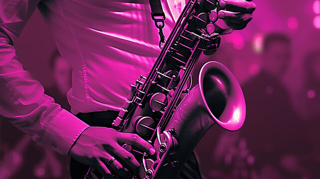 Saxophone player Saxophonist playing jazz music instrument Jazz musician playing sax alto close up purple colors