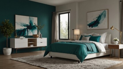 Fototapeta premium minimalist modern bedroom with green nuance