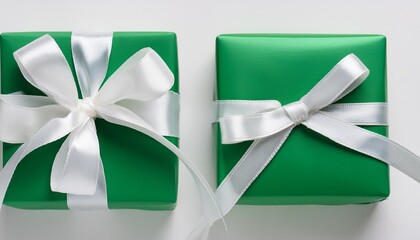 top view green gift box with white ribbon isolated on white background close up design element