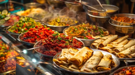 Obraz premium A colorful display of roti variations at a street food market, with different fillings and toppings