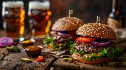 Fototapeta premium Gourmet hamburgers with sesame buns paired with crafted beer on a rustic wooden table