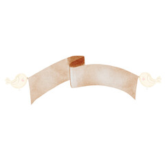 Paper banner watercolor. Hand-drawn sign held by birds in festive caps. Drawing of a blank banner for text. Label template in pastel beige and brown colors. Ideal for lettering, cards, cake toppers