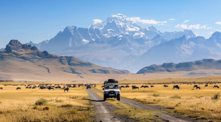 A safari vehicle on the road with the wildebeest, Masai Mara reserve in Kenya, Africa