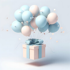 Sweet Gift Box Flying with Blue Pastel Color Balloons Isolated with Shadow