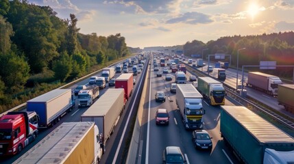 A congested highway with lanes filled with trucks and cars during a holiday weekend