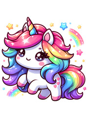 Naklejka premium Kawaii Rainbow Unicorn PNG Artwork - Cute and Whimsical Unicorn Sublimation Design, Perfect Transparent Image for Crafting, Printing, and Decoration