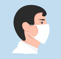 Illustration of male Healthcare Worker avatar in flat style. Doctor in white coat and mask. Men in nursing. Vector illustration isolated on blue background.