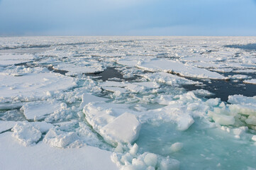 Drifting ice floes float on the Sea of Okhotsk near Abashiri Hokkaido Japan © James Davies