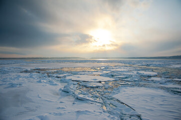 Drifting ice seen from the Aurora icebreaking ship in the Sea of Okhotsk near Abashiri in Hokkaido, northern Japan © James Davies