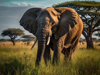 Fototapeta premium An elephant stands in a tropical forest, savannah.