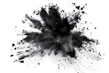 Particles of flying black dust, explosion effect isolated on white.