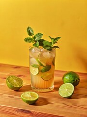 Fototapeta premium Mojito with mint leaves, lime slices, and ice cubes in a glass, on a wooden table with a sunny background