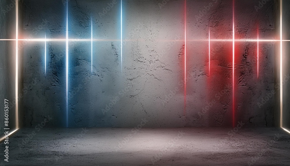 Wall mural rough concrete wall background with red blue neon lights and glowing lights lighting effect on empty