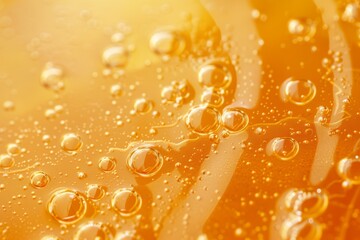 Orange background with gel texture. Transparent cosmetic cream in gold with bubbles swirling in it. Close-up of a citrus fruit skincare item