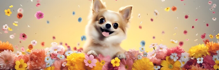 A dog jumps through a field of poppies