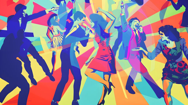 Poster Contemporary art collage Women and men dancing dressed retro clothes Bright comics style design Concept of pop art disco party retro fashion happy and fun creativity : Generative AI