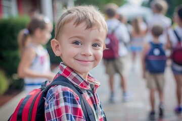 little boy with backpack go to school