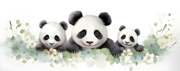A watercolor painting of pandas in bamboo