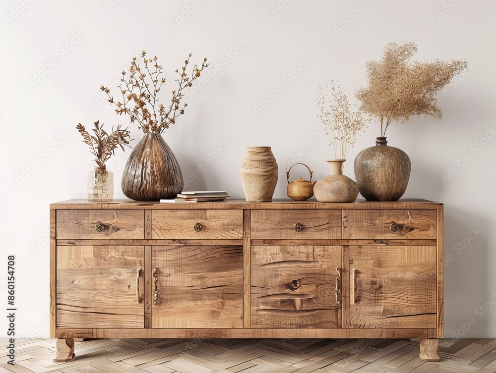 Sticker Modern wooden sideboard adorned with various vases creating a minimalist wallpaper or interior design background