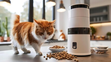 A detailed view of a smart pet feeder dispensing food with room for a message