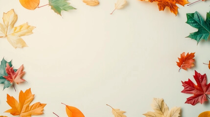 Fototapeta premium Colorful autumn leaves frame on a light background.