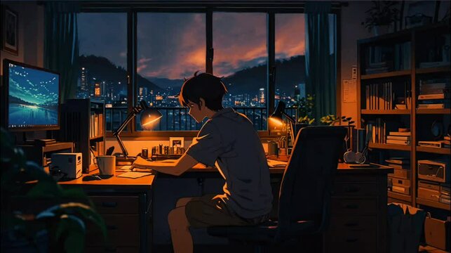 A cozy lofi student study room with a wooden desk and chair near a large window showing a serene night view.