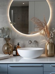 Minimalist bathroom with gray and blue cabinets and round backlit mirror