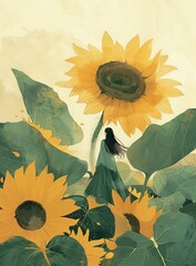 Girl in a green dress standing amidst giant sunflowers in a dreamy landscape