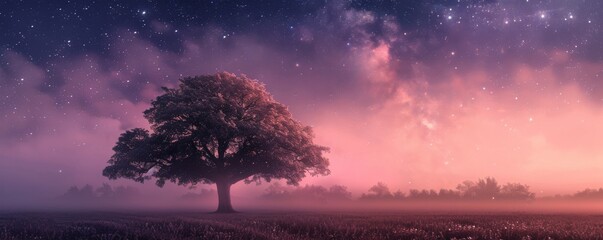 Solitary tree under magical starry purple sky in enchanting landscape