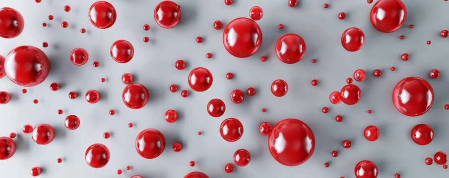 Close-up of vibrant red bubbles floating against a gray background