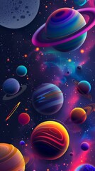 Colorful cartoon planets in space with neon glow against cosmic background