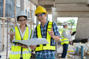 Construction team, blueprint and site building job for architect, builder and engineer sketching a construction project.