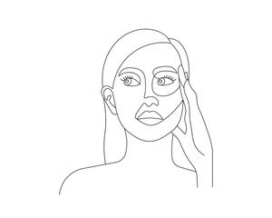 Continuous one line drawing of beautiful woman face. Girl outline vector illustration with active stroke, lady in one line style isolated on white background