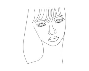 Continuous one line drawing of beautiful woman face. Girl outline vector illustration with active stroke, lady in one line style isolated on white background