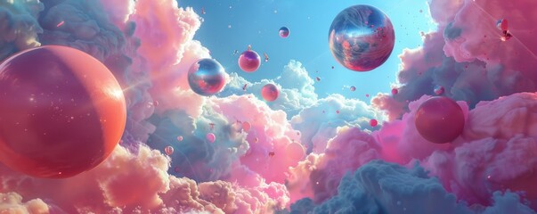 Surreal digital art of a person standing on clouds with floating planets in a dreamy sky