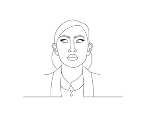 Continuous one line drawing of beautiful woman face. Girl outline vector illustration with active stroke, lady in one line style isolated on white background