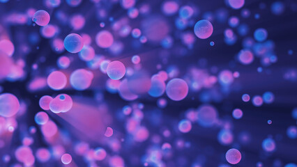 Abstract purple glowing background with flying balls circles atoms molecules particles energy bubbles