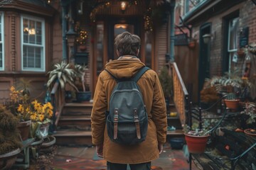 Obraz premium Person Wearing a Backpack Walks Away From a Brown Doorway