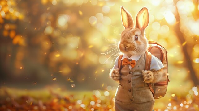 rabbit character wearing clothes and a backpack walks in a warm, autumnal setting. Use for children's stories, fall themes, or whimsical content. - Powered by Adobe