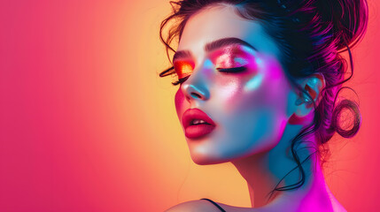 Fashion model woman in colorful bright lights portrait of beautiful party girl with trendy makeup haircut Art design of disco dancer colorful make up Over colourful vivid pink backgrou : Generative AI