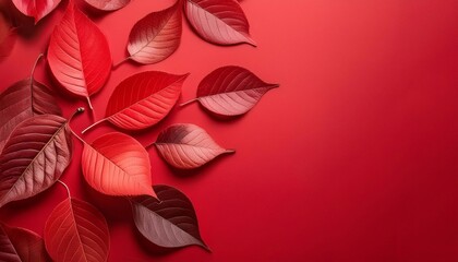 Fototapeta premium red leaves on a red background with space for text, autumn concept, top view 