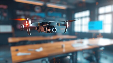 A modern drone capturing a closeup of a teacher using a virtual assistant in class, with space for a message