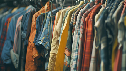 Huge selection of different used clothes for men women and children on the rack in a second hand shop or thrift store Concept of waste problem in fashion industry : Generative AI