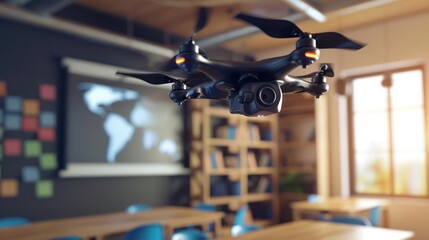 A modern drone capturing a closeup of a teacher using a virtual assistant in class, with space for a message